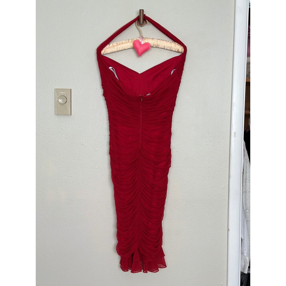 Gorgeous Vintage Tadashi Shoji M Red Ruched Halter Midi Cocktail Bodycon Dress - Picture 4 of 7